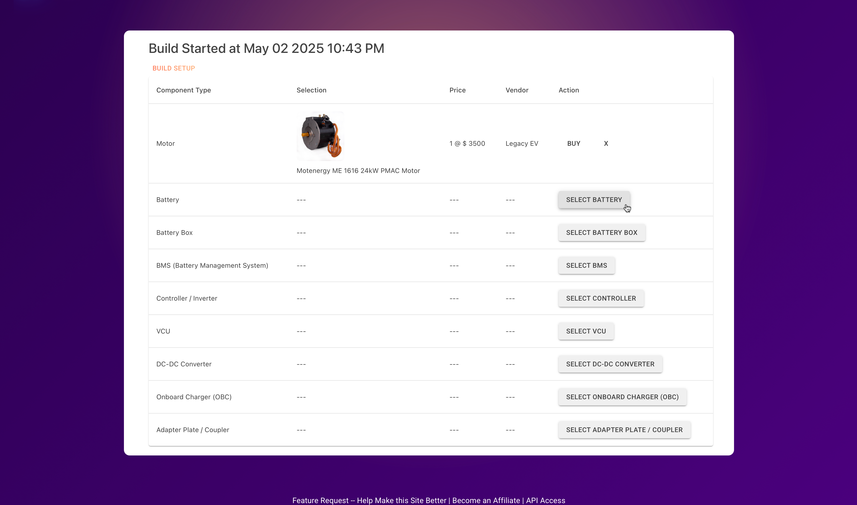 EV Part Picker Screenshot